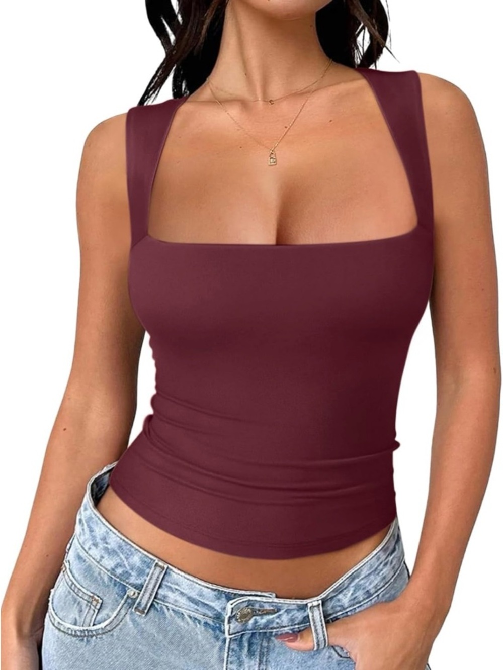 Square Neck Tank Top - Burgundy